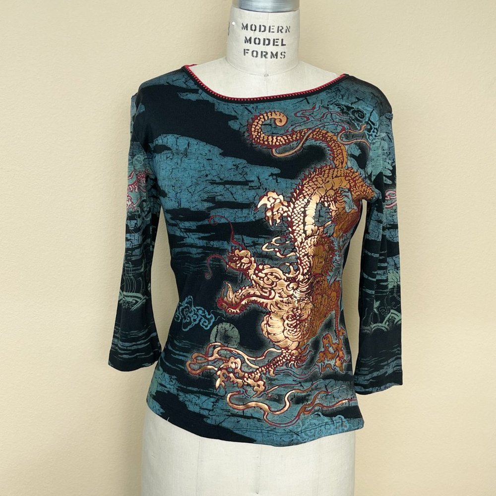 Vintage MYKONOS 90s Y2K Aesthetic Metallic Dragon Asian Themed Top XL 3/4 Sleeve
